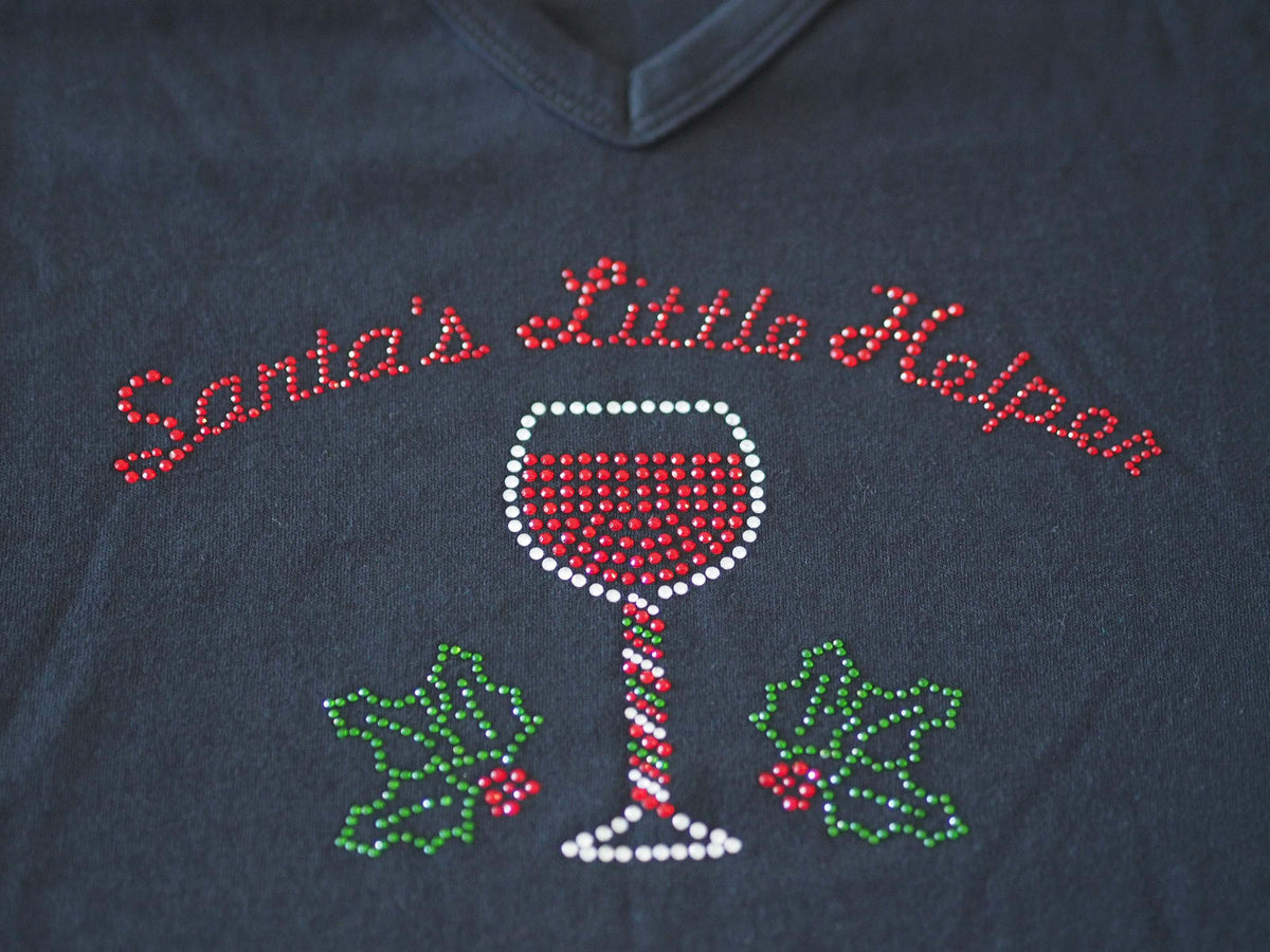 Rhinestone Short Sleeve V-Necks - Santa's little helper