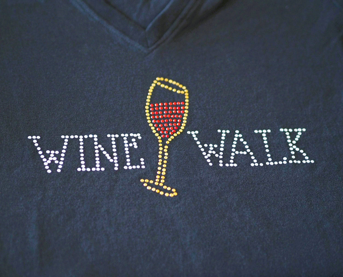Wine Lover Rhinestone V-Neck T-Shirt – 'Wine Walk'